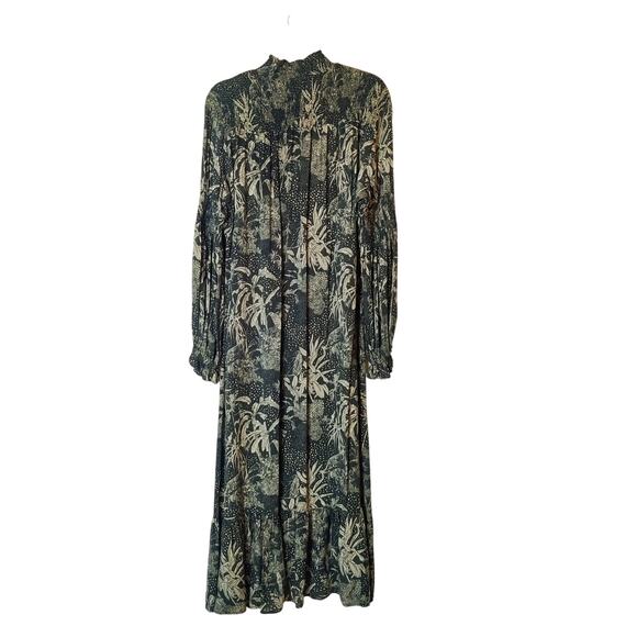 Roma Label Ruffle Mock Neck Long Sleeve Midi Dress Dark Forest Jungle Medium - Picture 2 of 12